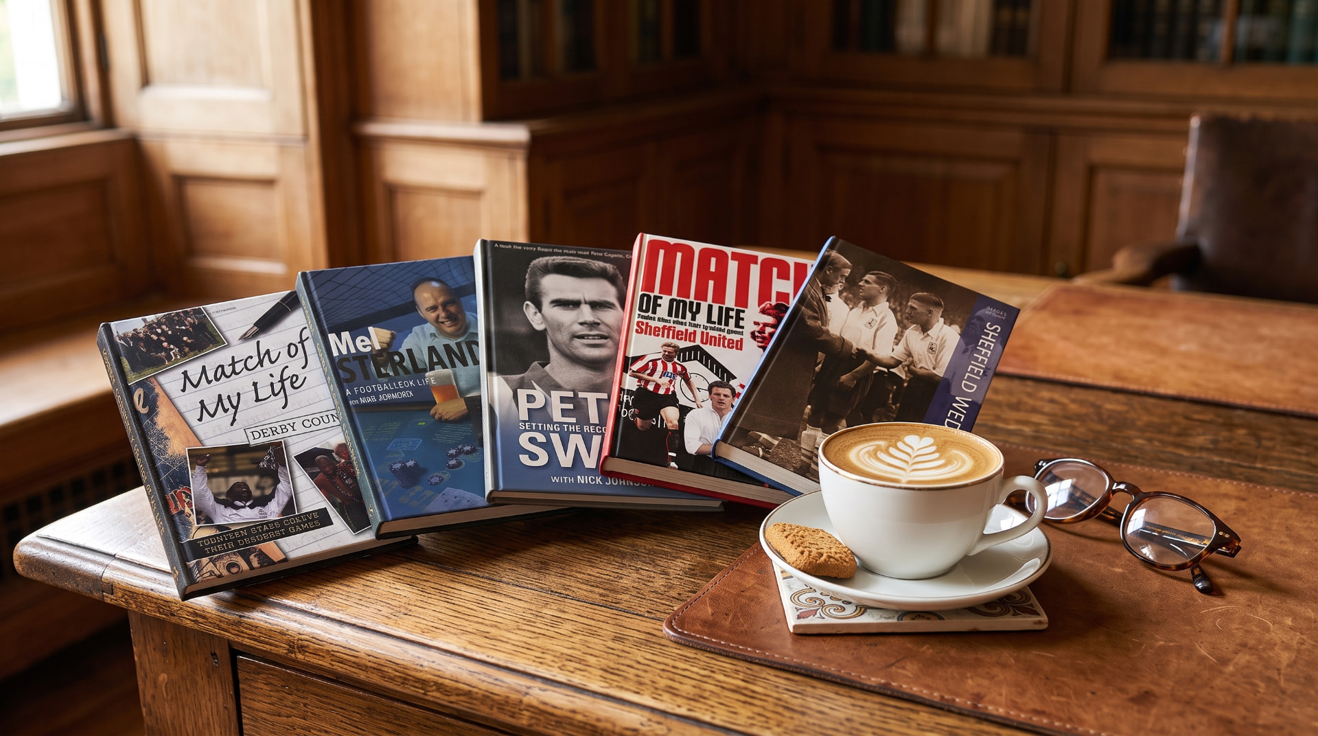 Nick Johnson's five sports books displayed on a wooden desk beside a coffee cup and reading glasses