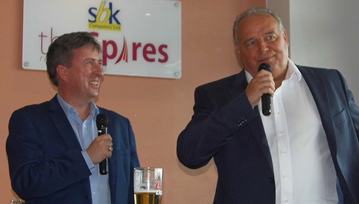 Nick Johnson hosting a Q&A with a guest speaker at The Spires restaurant