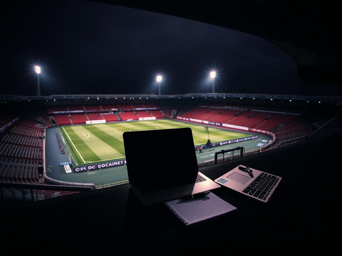 Press box desk overlooking a floodlit football pitch at night