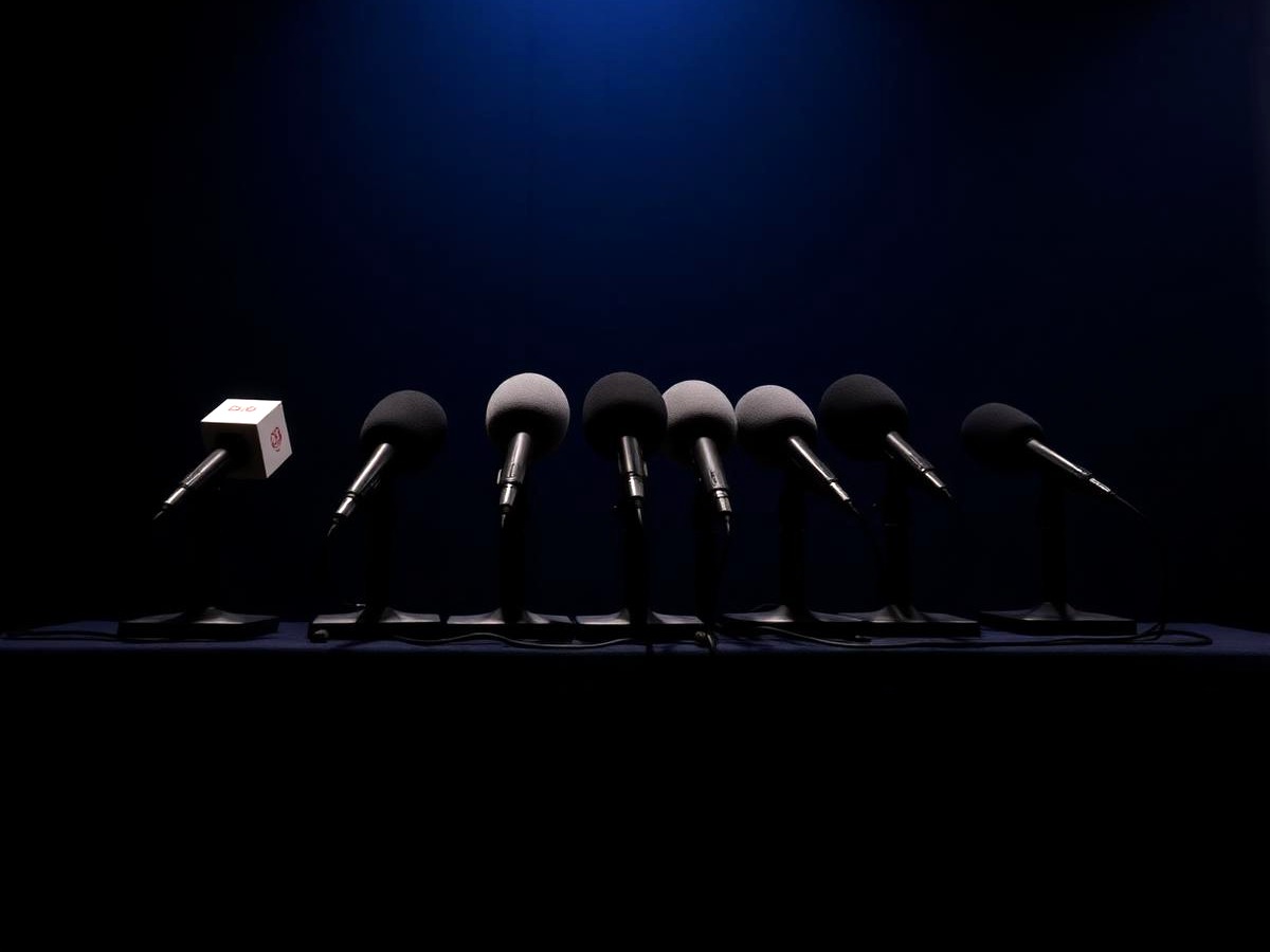 Row of unbranded microphones on a press conference table