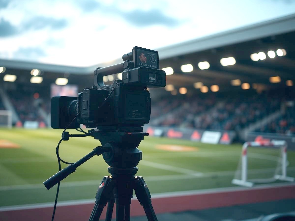 Broadcast video camera on a tripod pitchside at a football ground